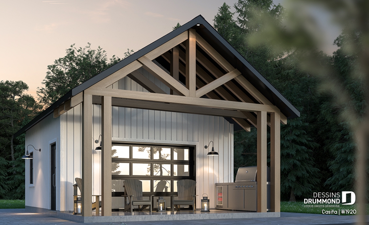 Vue avant - MODÈLE DE BASE - Plan de pavillon de jardin avec rangement, espace versatile intérieure avec cathédral - Casita