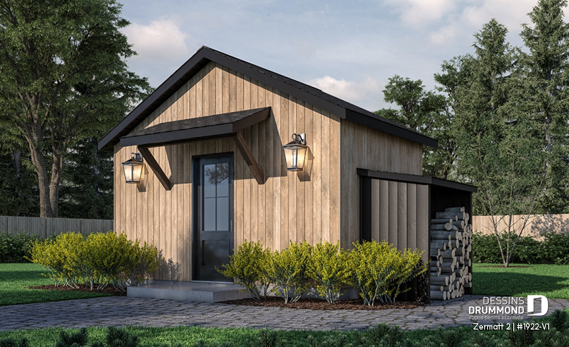 Vue avant - MODÈLE DE BASE - Plan de remise ou cabanon, coin tablettes pour rangement, ainsi qu'un secteur propice au storage de buches - Zermatt 2