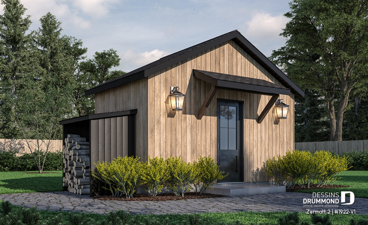 Vue avant - MODÈLE DE BASE - Plan de remise ou cabanon, coin tablettes pour rangement, ainsi qu'un secteur propice au storage de buches - Zermatt 2