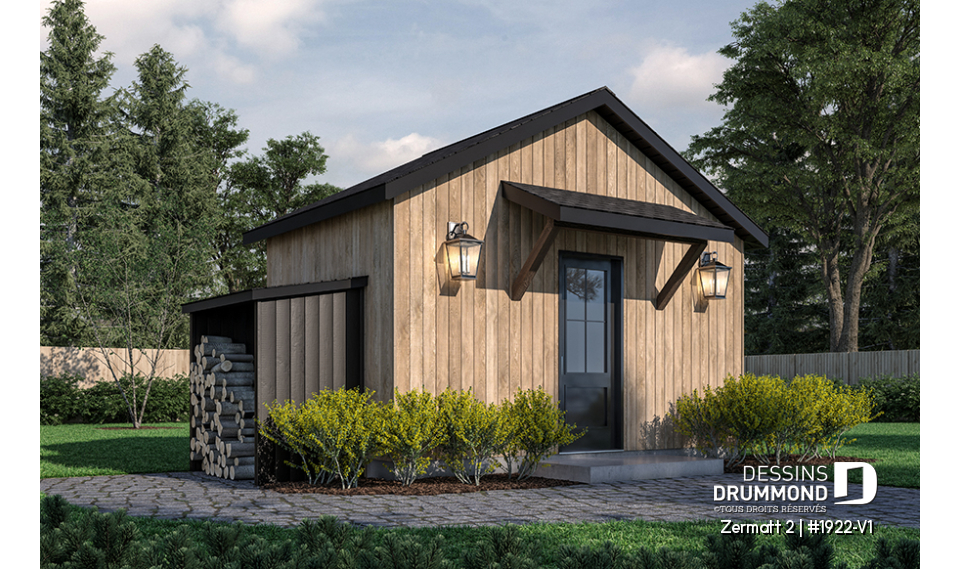 Vue avant - MODÈLE DE BASE - Plan de remise ou cabanon, coin tablettes pour rangement, ainsi qu'un secteur propice au storage de buches - Zermatt 2