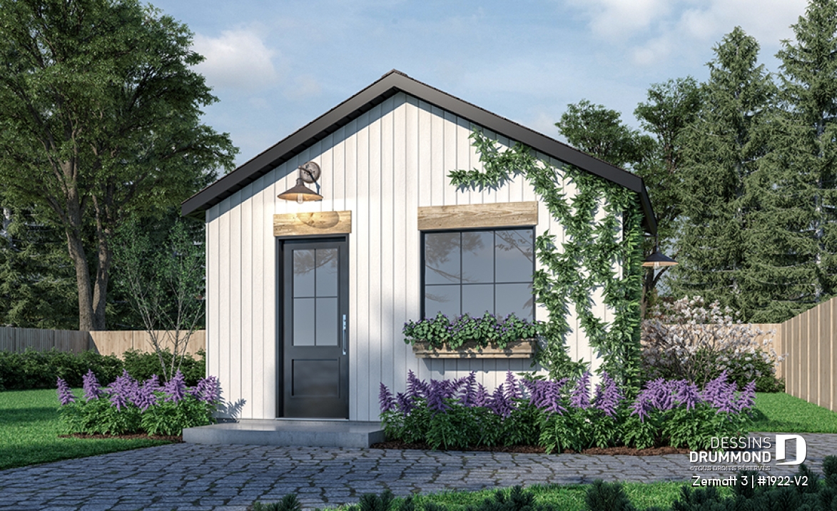 Vue avant - MODÈLE DE BASE - Plan de remise ou cabanon, coin tablettes pour rangement, ainsi qu'un secteur propice au storage de buches - Zermatt 3