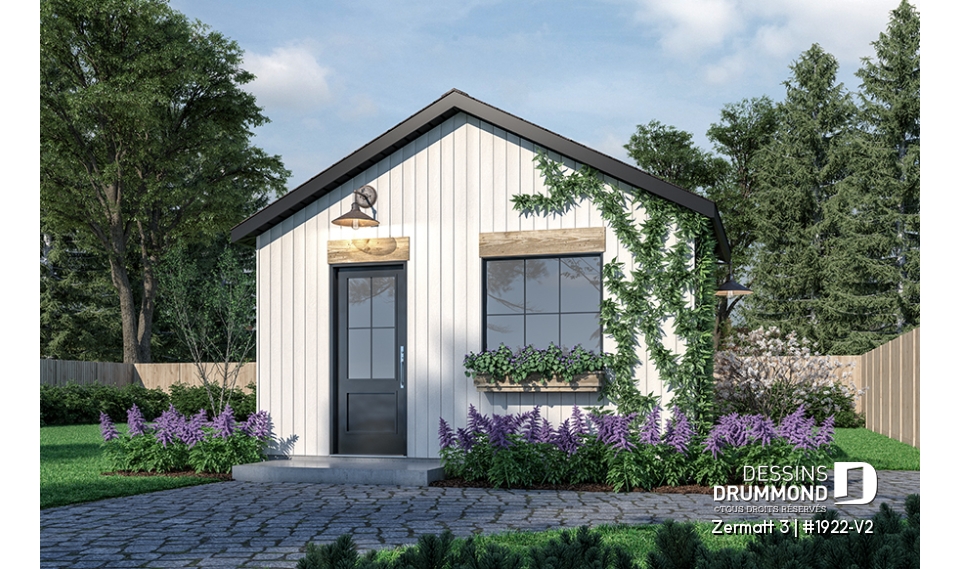 Vue avant - MODÈLE DE BASE - Plan de remise ou cabanon, coin tablettes pour rangement, ainsi qu'un secteur propice au storage de buches - Zermatt 3