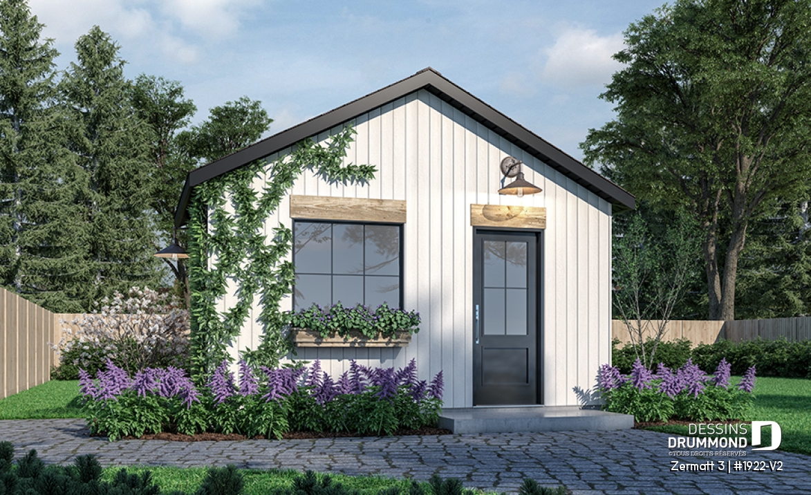 Vue avant - MODÈLE DE BASE - Plan de remise ou cabanon, coin tablettes pour rangement, ainsi qu'un secteur propice au storage de buches - Zermatt 3