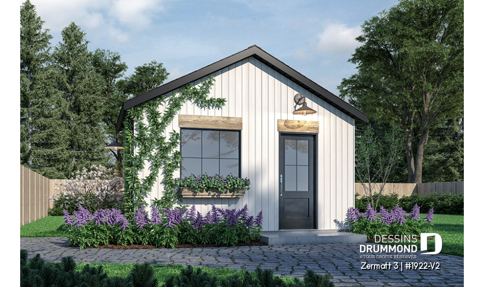 Vue avant - MODÈLE DE BASE - Plan de remise ou cabanon, coin tablettes pour rangement, ainsi qu'un secteur propice au storage de buches - Zermatt 3