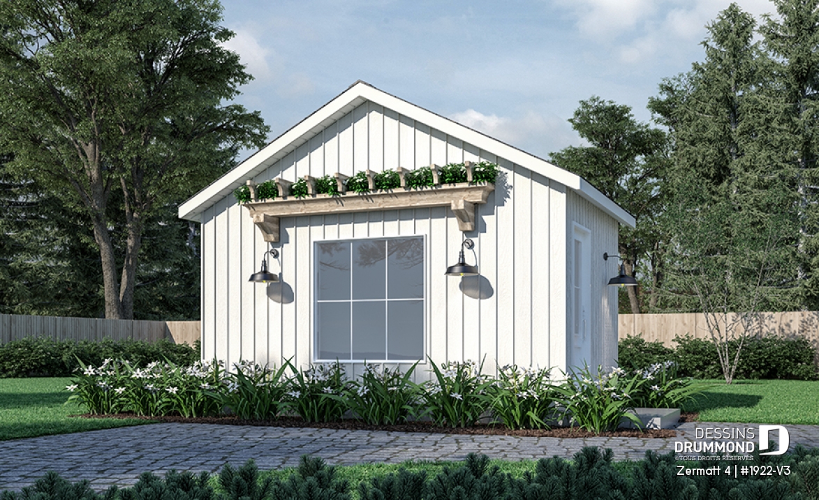 Vue avant - MODÈLE DE BASE - Plan de remise ou cabanon, coin tablettes pour rangement, ainsi qu'un secteur propice au storage de buches - Zermatt 4