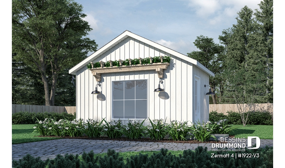 Vue avant - MODÈLE DE BASE - Plan de remise ou cabanon, coin tablettes pour rangement, ainsi qu'un secteur propice au storage de buches - Zermatt 4