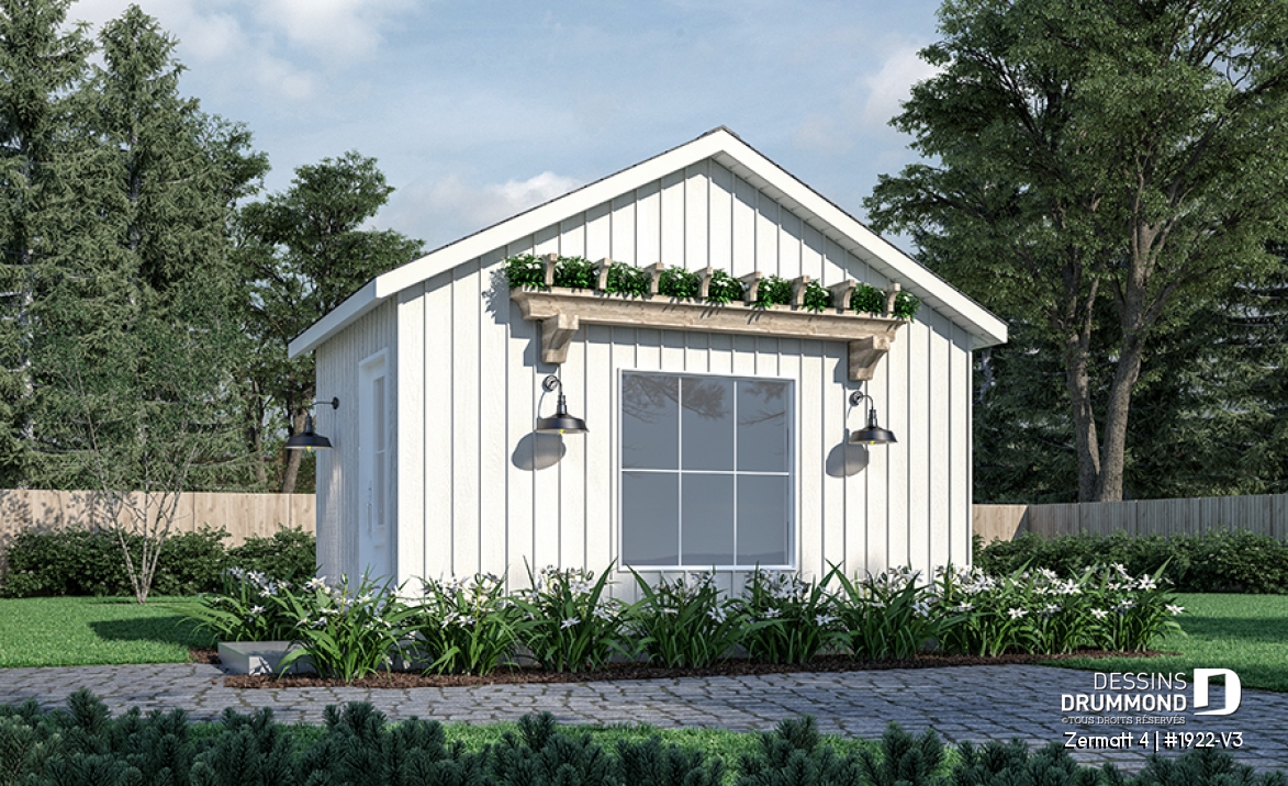 Vue avant - MODÈLE DE BASE - Plan de remise ou cabanon, coin tablettes pour rangement, ainsi qu'un secteur propice au storage de buches - Zermatt 4
