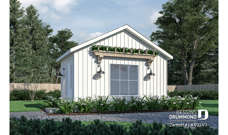 Vue avant - MODÈLE DE BASE - Plan de remise ou cabanon, coin tablettes pour rangement, ainsi qu'un secteur propice au storage de buches - Zermatt 4