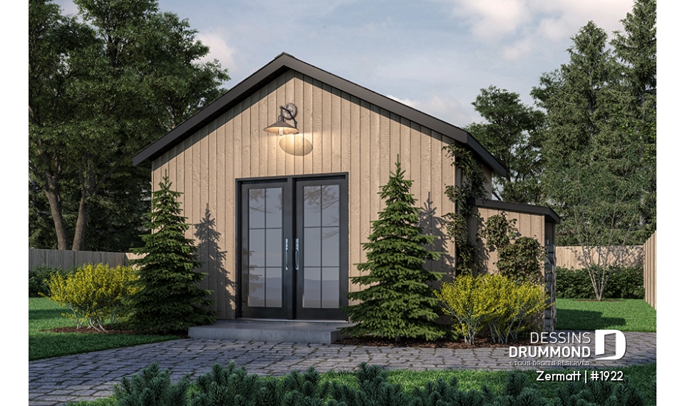 Vue avant - MODÈLE DE BASE - Plan de remise ou cabanon, coin tablettes pour rangement, ainsi qu'un secteur propice au storage de buches - Zermatt