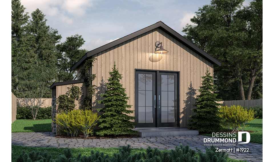 Vue avant - MODÈLE DE BASE - Plan de remise ou cabanon, coin tablettes pour rangement, ainsi qu'un secteur propice au storage de buches - Zermatt