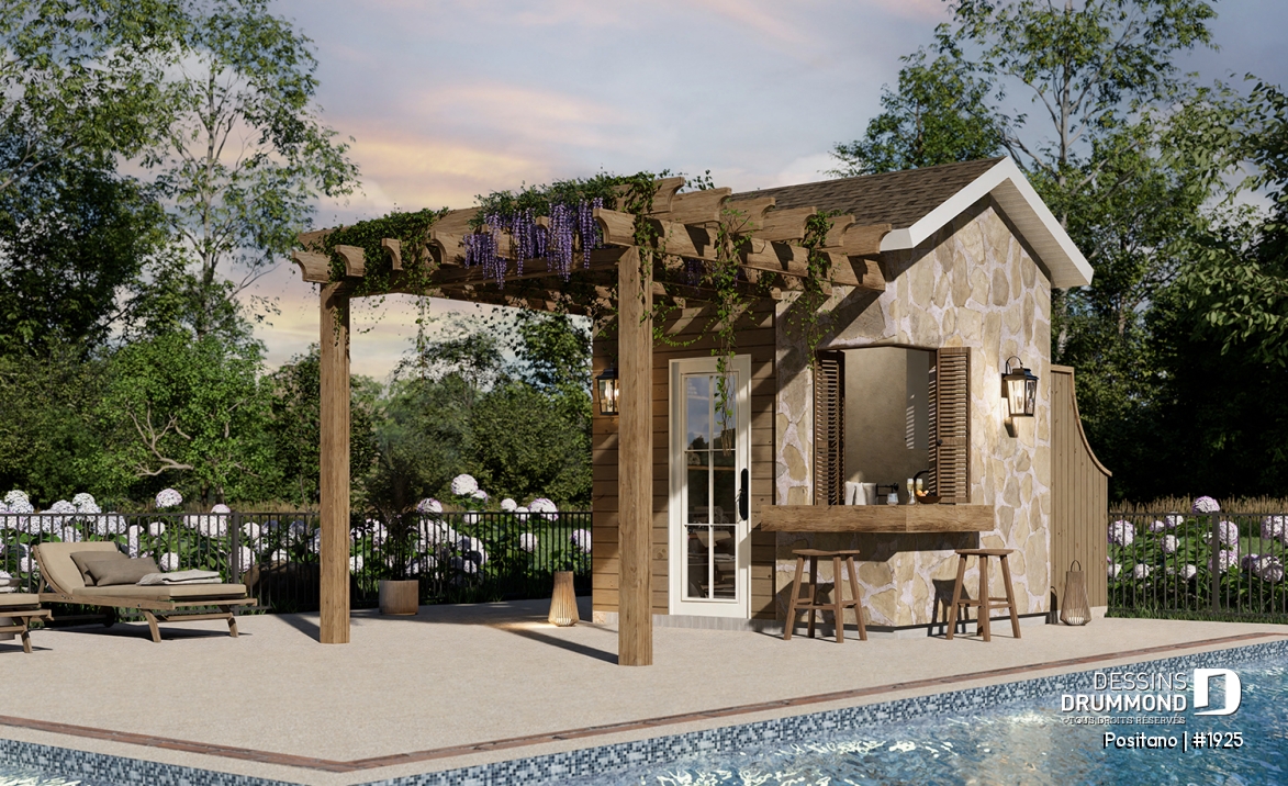 Vue avant - MODÈLE DE BASE - Pavillon de piscine style européen 10' x 8' avec bar extérieur, pergola, lavabo et salle de toilette - Positano