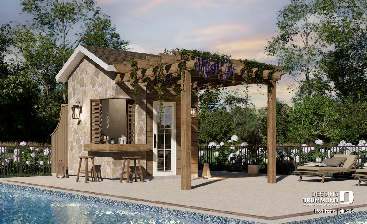 Vue avant - MODÈLE DE BASE - Pavillon de piscine style européen 10' x 8' avec bar extérieur, pergola, lavabo et salle de toilette - Positano