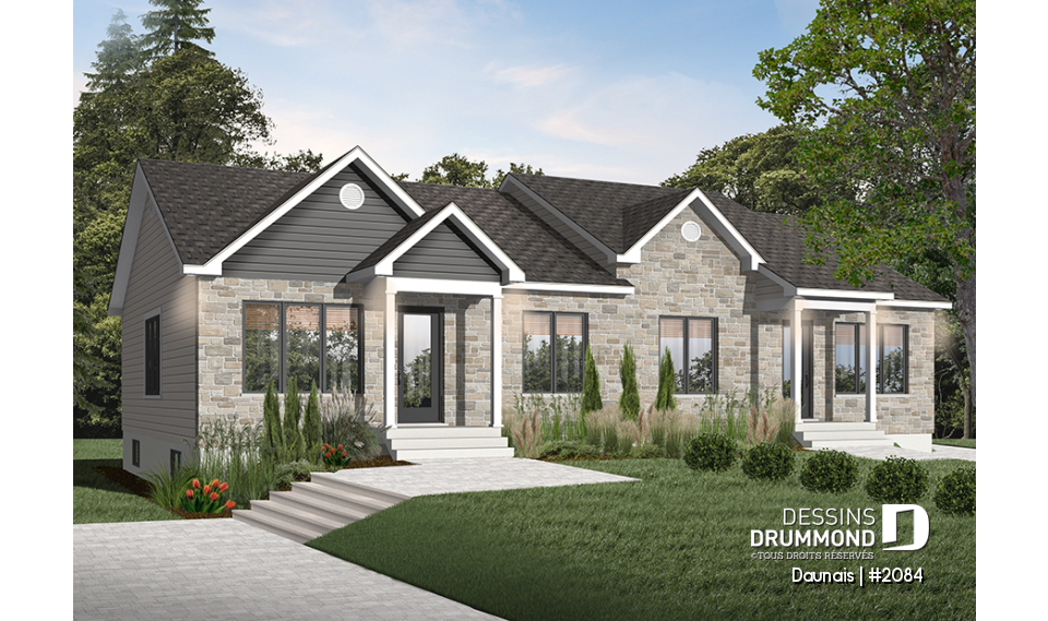Vue avant - MODÈLE DE BASE - Plan de maisons Jumelées de style Craftsman, 2 chambres, sous-sol à aménager, espace ouvert - Daunais