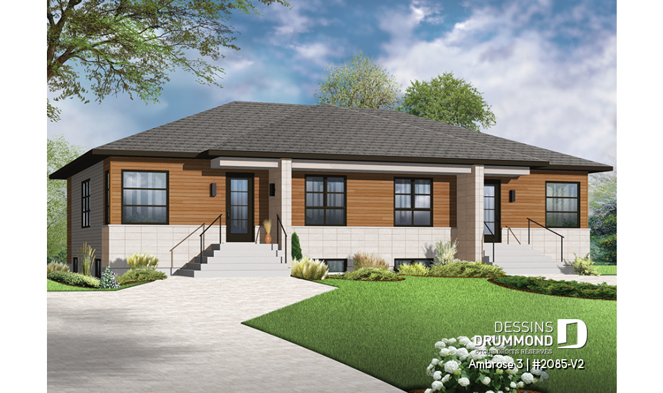 Vue avant - MODÈLE DE BASE - Plan de maison jumelée contemporaine mid-century, 2 chambres, îlot à la cuisine, sous-sol aménageable - Ambrose 3