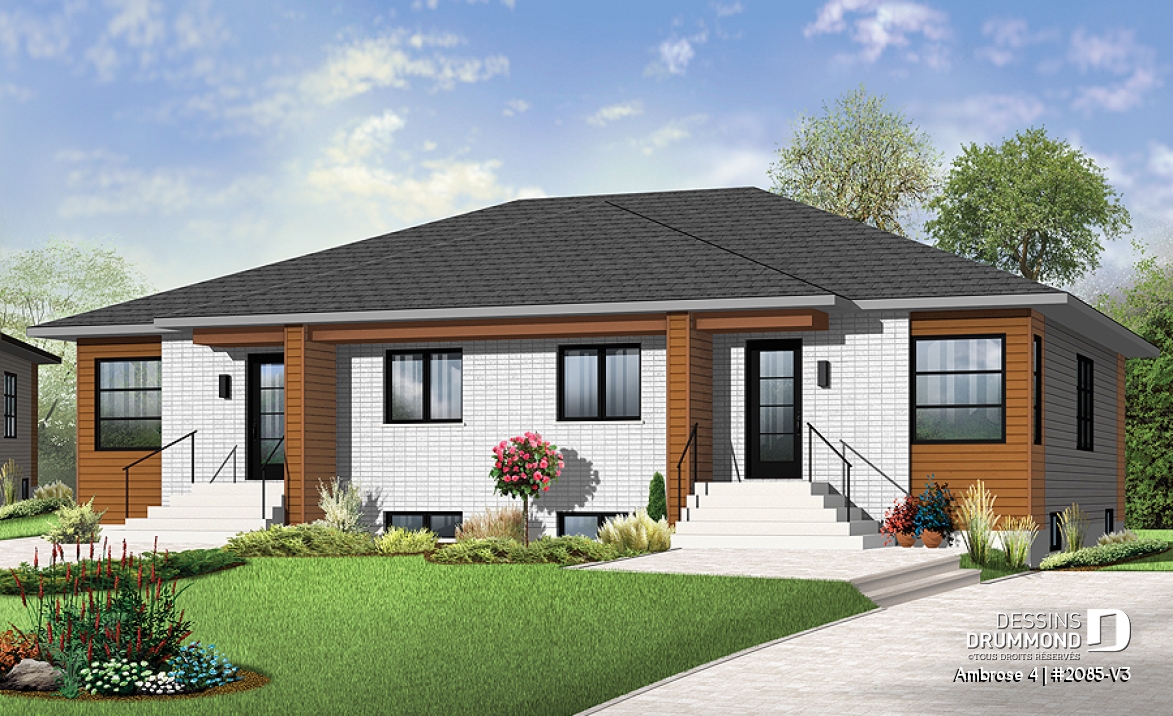 Vue avant - MODÈLE DE BASE - Plan de maison jumelée moderne, plain-pied, 2 chambres, option garde-manger et 2 garde-robes chambre parents - Ambrose 4