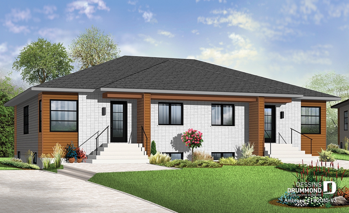 Vue avant - MODÈLE DE BASE - Plan de maison jumelée moderne, plain-pied, 2 chambres, option garde-manger et 2 garde-robes chambre parents - Ambrose 4