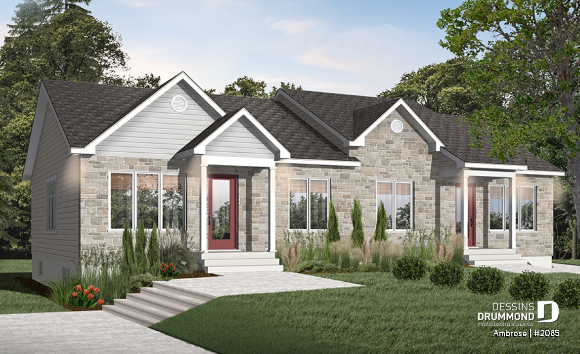 Vue avant - MODÈLE DE BASE - Plan de semi-détaché, 2 chambres, cuisine tout en lumière et grand sous-sol - Ambrose