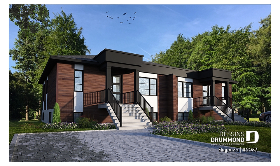 Vue avant - MODÈLE DE BASE - Plan de jumelé moderne mid-century, 1 à 3 chambres, superbe cuisine, salle à manger et salon à aire ouverte  - Eleganza