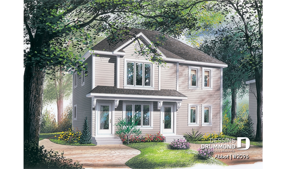 Vue avant - MODÈLE DE BASE - Plan de duplex abordable, 2 chambres, cuisine avec îlot lunch, espace ouvert - Abbot