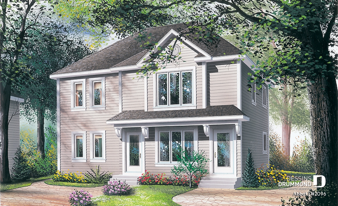 Vue avant - MODÈLE DE BASE - Plan de duplex abordable, 2 chambres, cuisine avec îlot lunch, espace ouvert - Abbot