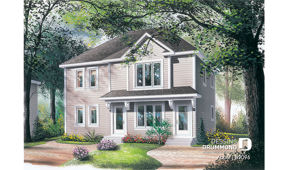 Vue avant - MODÈLE DE BASE - Plan de duplex abordable, 2 chambres, cuisine avec îlot lunch, espace ouvert - Abbot