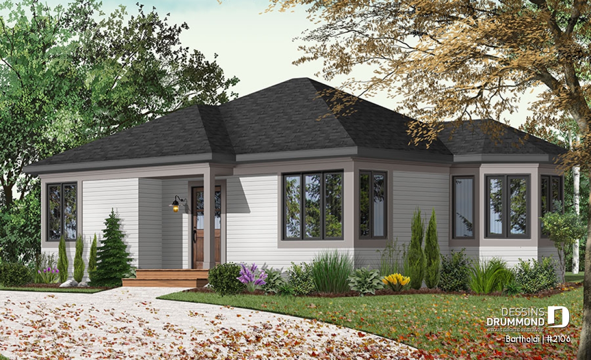 Vue avant - MODÈLE DE BASE - Plan de plain-pied 2 chambres, cuisine avec îlot et beaucoup de fenêtres, salle de bain à 2 lavabos, patio - Bartholdi