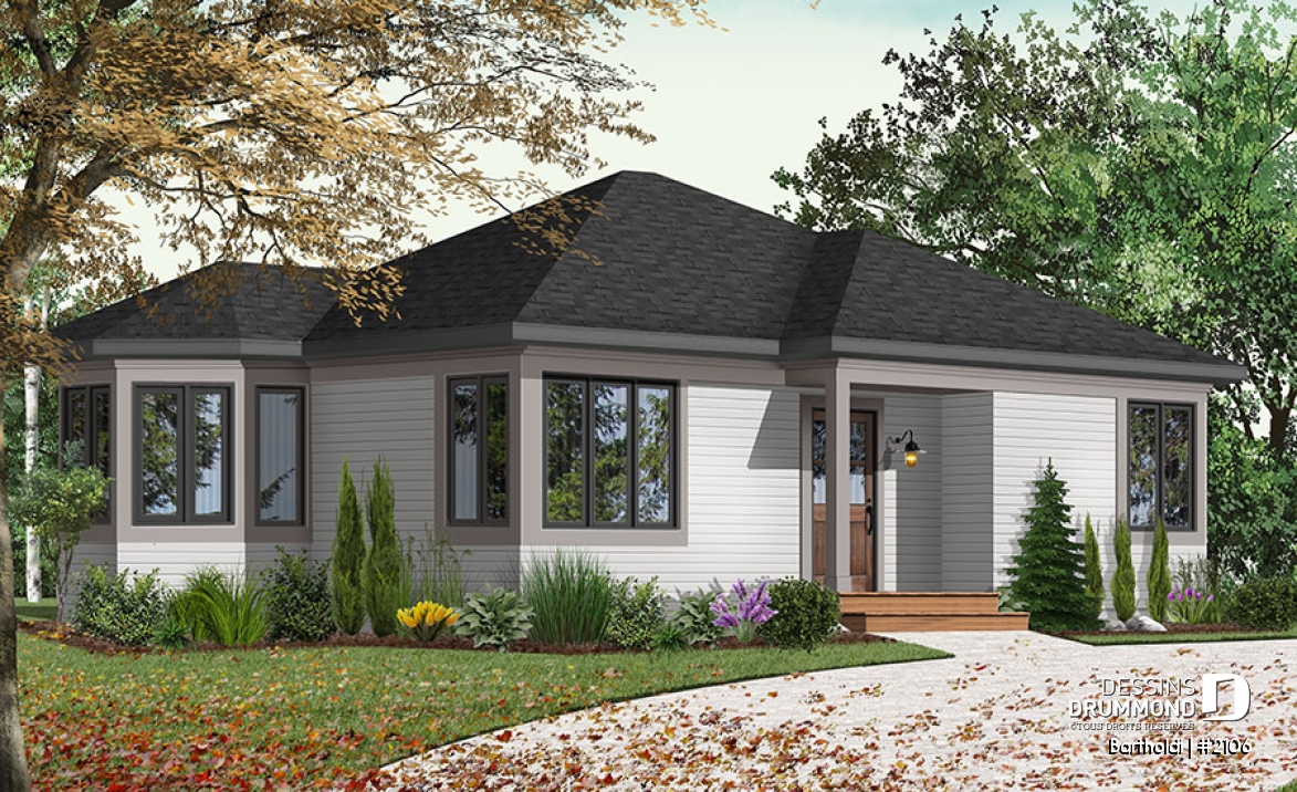 Vue avant - MODÈLE DE BASE - Plan de plain-pied 2 chambres, cuisine avec îlot et beaucoup de fenêtres, salle de bain à 2 lavabos, patio - Bartholdi