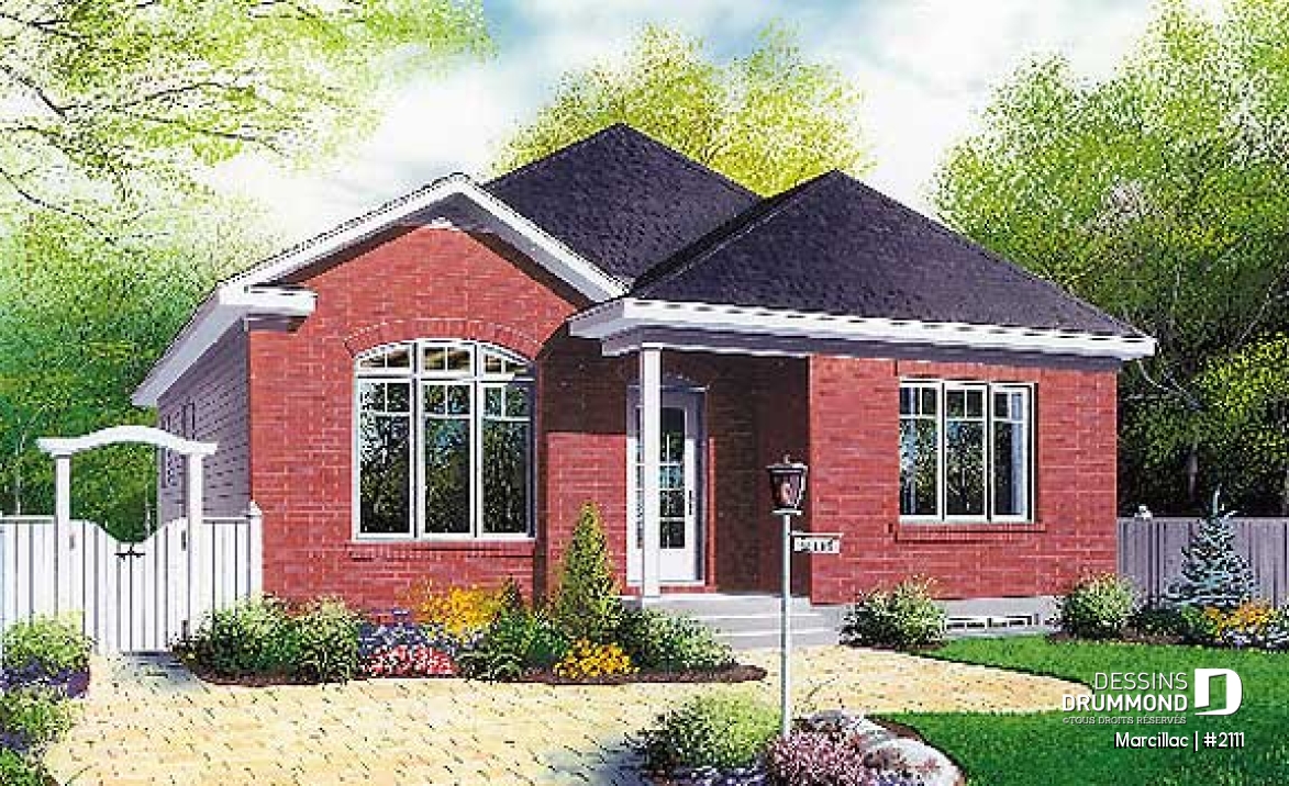 Vue avant - MODÈLE DE BASE - Plan de bungalow de 3 chambres pour petit budget, fenestration abondante, salon en contrebas - Marcillac