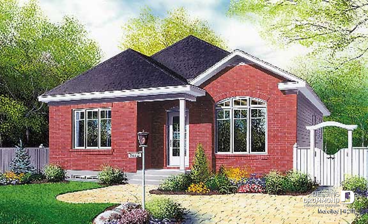 Vue avant - MODÈLE DE BASE - Plan de bungalow de 3 chambres pour petit budget, fenestration abondante, salon en contrebas - Marcillac
