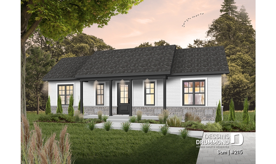 Version couleur no. 4 - Vue avant - Modèle économique de plain-pied 3 chambres au même plancher, espace ouvert, walk-in chambre des parents - Sam