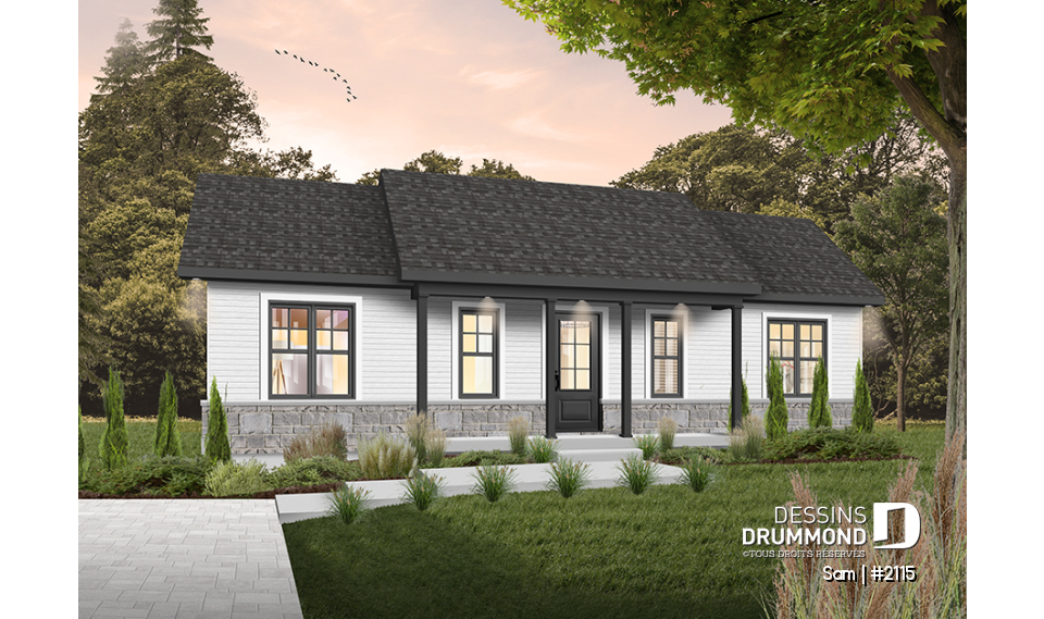 Version couleur no. 4 - Vue avant - Modèle économique de plain-pied 3 chambres au même plancher, espace ouvert, walk-in chambre des parents - Sam