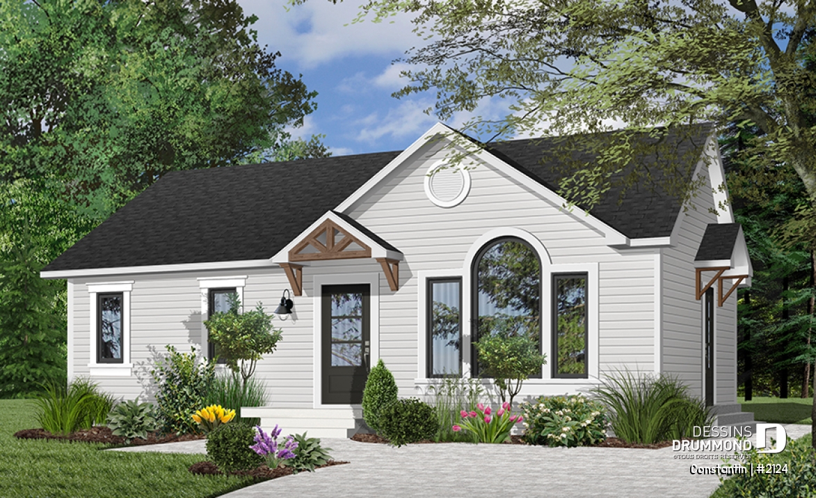 Vue avant - MODÈLE DE BASE - Plan de maison de plain-pied pour petit budget, 2 chambres, entrée accueillante, beau look contemporain - Constantin