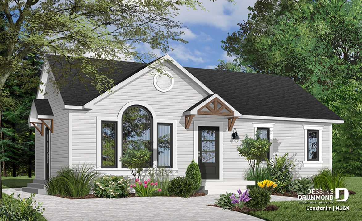 Vue avant - MODÈLE DE BASE - Plan de maison de plain-pied pour petit budget, 2 chambres, entrée accueillante, beau look contemporain - Constantin