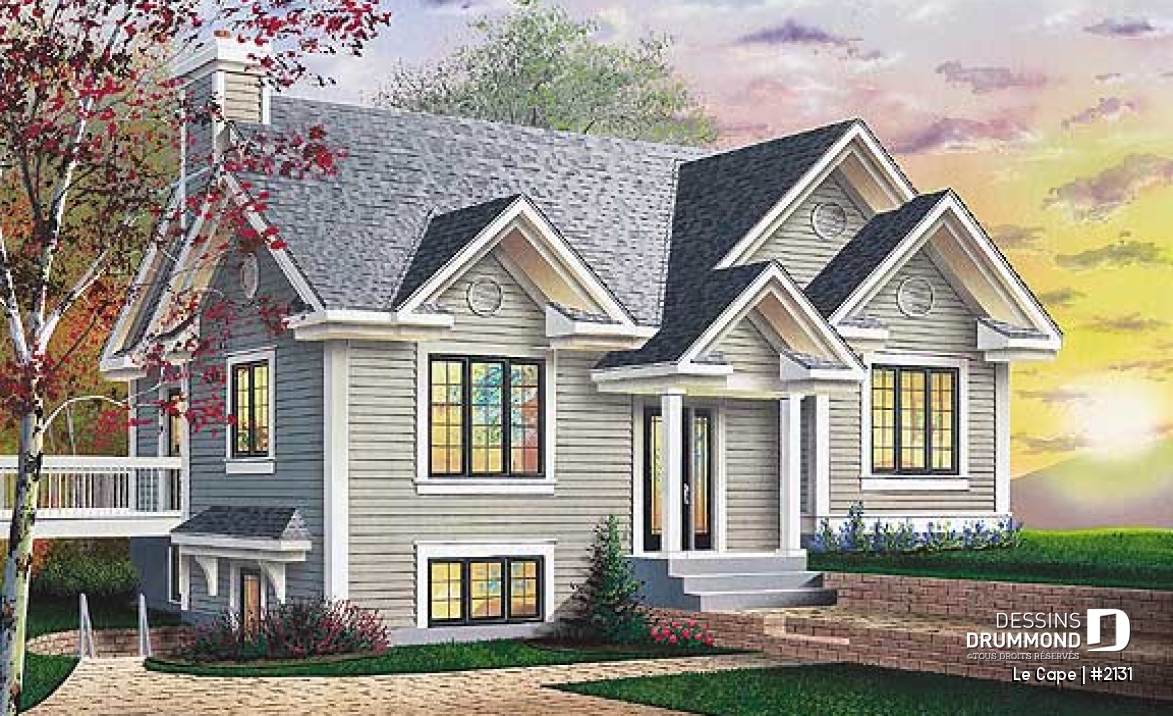 Vue avant - MODÈLE DE BASE - Plan de plain-pied champêtre 1 à 3 chambres (2 au s-sol), 2 séjours, foyer, vestibule, accès privé au s-sol - Le Cape