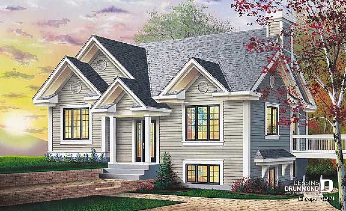 Vue avant - MODÈLE DE BASE - Plan de plain-pied champêtre 1 à 3 chambres (2 au s-sol), 2 séjours, foyer, vestibule, accès privé au s-sol - Le Cape