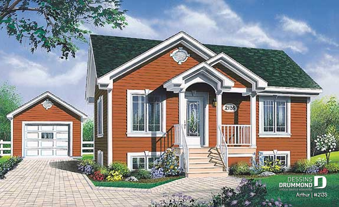 Vue avant - MODÈLE DE BASE - Plan de plain-pied abordable, 2 chambres, cuisine avec comptoir-lunch, galerie avant - Arthur