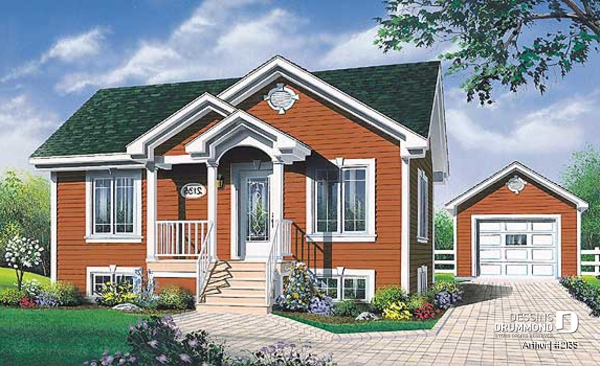 Vue avant - MODÈLE DE BASE - Plan de plain-pied abordable, 2 chambres, cuisine avec comptoir-lunch, galerie avant - Arthur