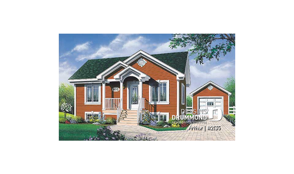 Vue avant - MODÈLE DE BASE - Plan de plain-pied abordable, 2 chambres, cuisine avec comptoir-lunch, galerie avant - Arthur