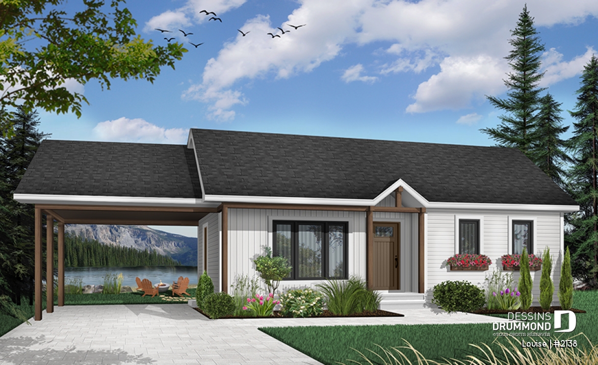 Version couleur no. 2 - Vue avant - Plan de plain-pied abordable, 2 chambres, garde-manger, porte-patio, galerie arbitrée, abri auto - Louise