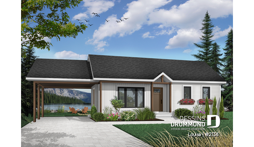 Version couleur no. 2 - Vue avant - Plan de plain-pied abordable, 2 chambres, garde-manger, porte-patio, galerie arbitrée, abri auto - Louise