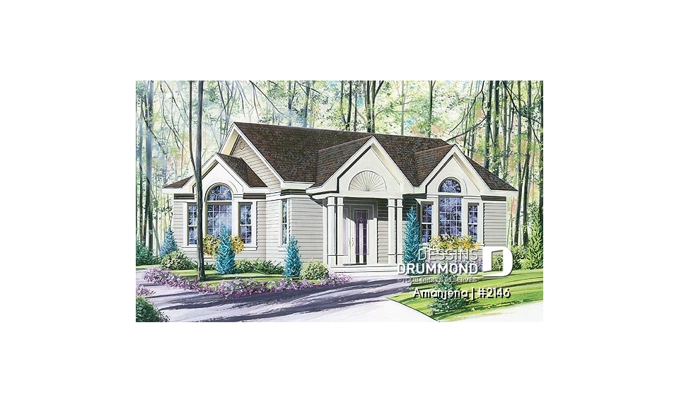 Vue avant - MODÈLE DE BASE - Plain-pied champêtre, 2 chambres, portes coulissantes, belle fenestration, plafond cathédral - Amanjéna