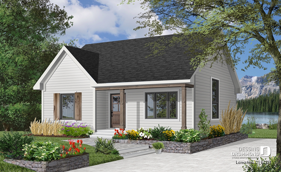 Vue avant - MODÈLE DE BASE - Plan d'un bungalow style ranch économique, balcon avant abrité, 2 chambres, plafond cathédrale, rangement - Lamartine 2