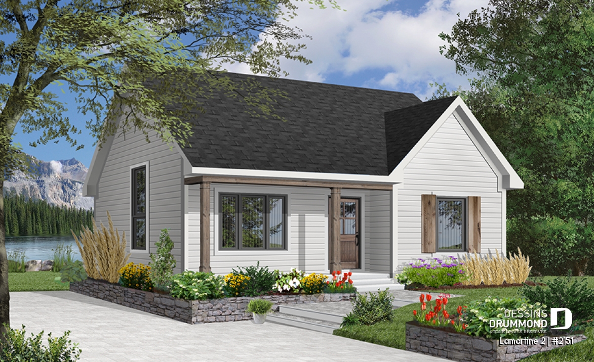 Vue avant - MODÈLE DE BASE - Plan d'un bungalow style ranch économique, balcon avant abrité, 2 chambres, plafond cathédrale, rangement - Lamartine 2