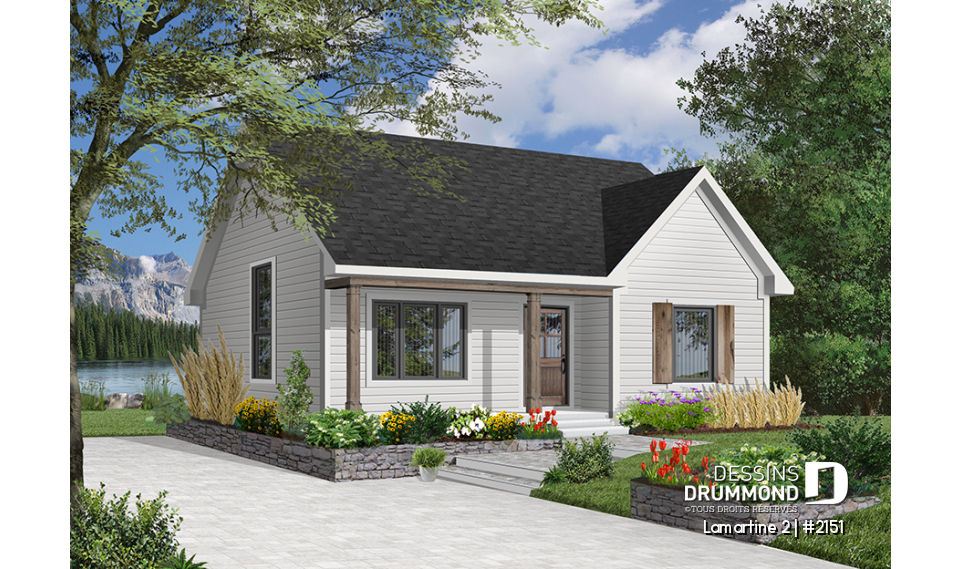 Vue avant - MODÈLE DE BASE - Plan d'un bungalow style ranch économique, balcon avant abrité, 2 chambres, plafond cathédrale, rangement - Lamartine 2