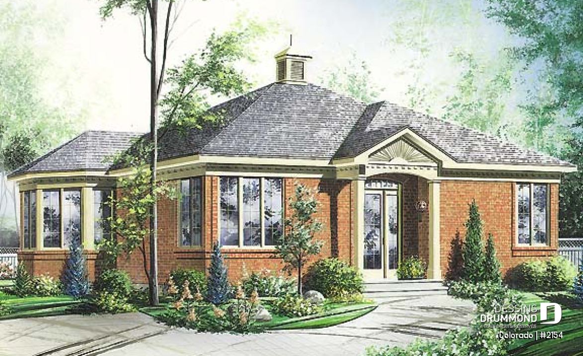 Vue avant - MODÈLE DE BASE - Plan de plain-pied abordable, 2 chambres, vestibule rabaissé, îlot, grande chambre des parents - Colorado