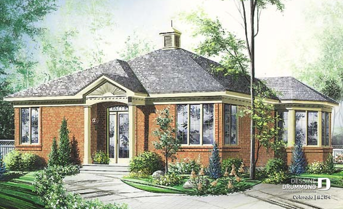 Vue avant - MODÈLE DE BASE - Plan de plain-pied abordable, 2 chambres, vestibule rabaissé, îlot, grande chambre des parents - Colorado
