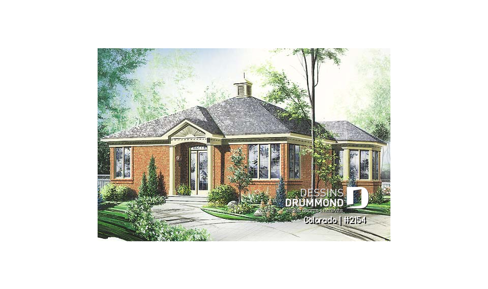 Vue avant - MODÈLE DE BASE - Plan de plain-pied abordable, 2 chambres, vestibule rabaissé, îlot, grande chambre des parents - Colorado