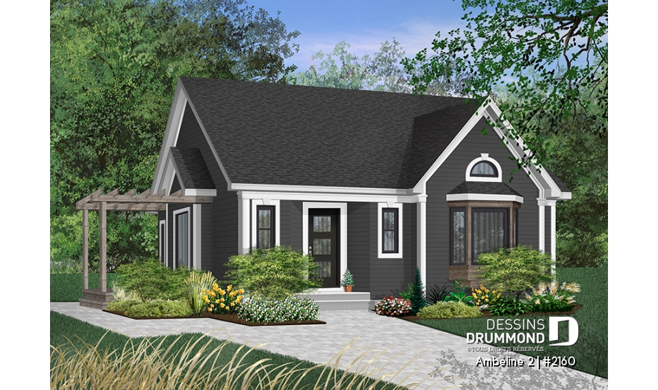 Version couleur no. 6 - Vue avant - Plan de maison plain-pied avec 2 grandes chambres à l'arrière, plafond cathédrale à la cuisine / salon - Ambéline 2