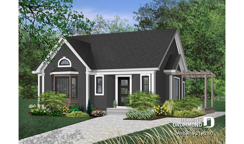 Version couleur no. 6 - Vue avant - Plan de maison plain-pied avec 2 grandes chambres à l'arrière, plafond cathédrale à la cuisine / salon - Ambéline 2