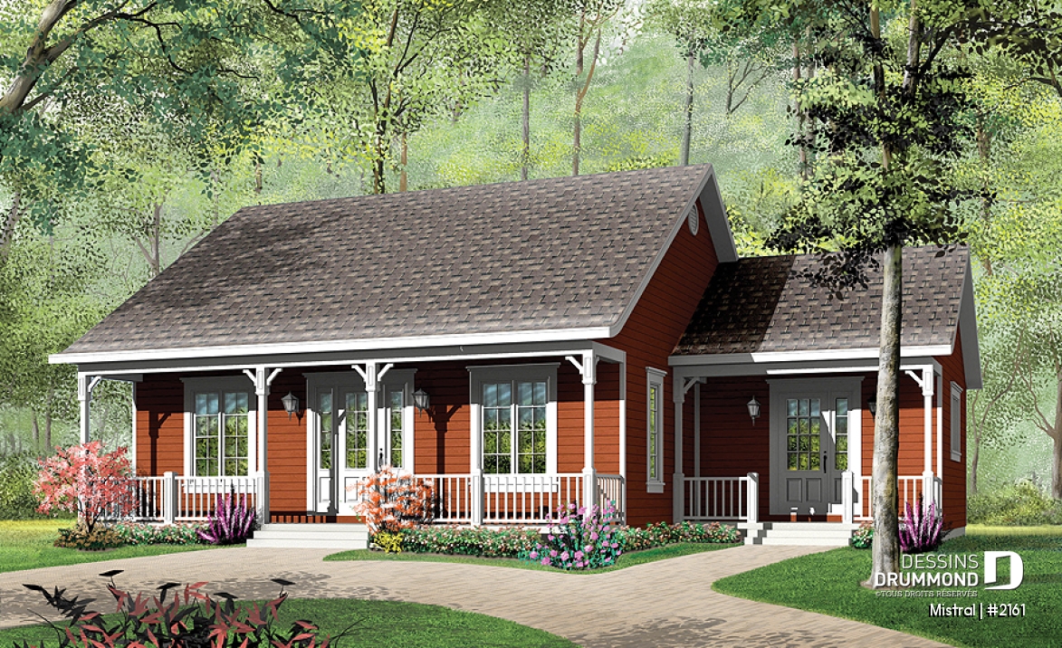 Vue avant - MODÈLE DE BASE - Plan de plain-pied 3 chambres au rez-de-chaussée, grande cuisine, grand balcon avant couvert - Mistral